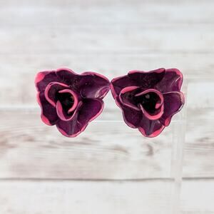 Vintage Clip On Earrings Large 3D Flower Magenta/Fuchsia Tones 1 & 1/8"